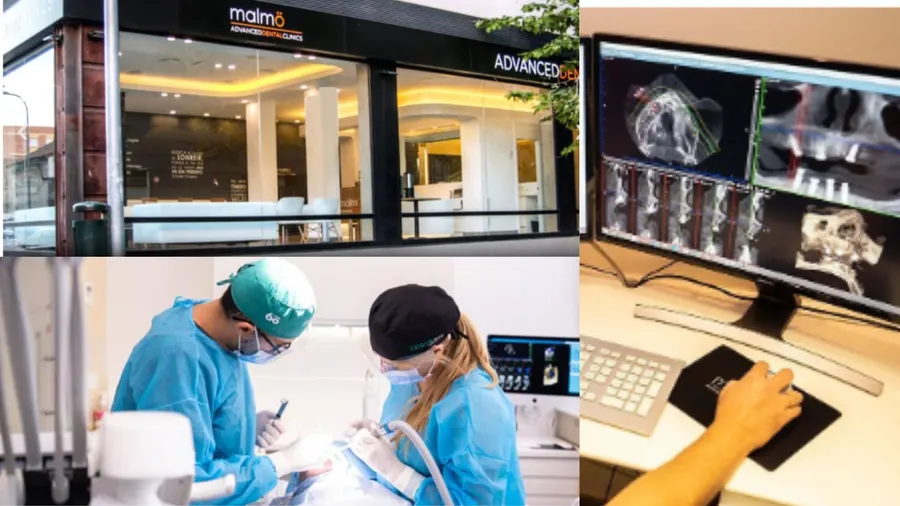 Malmö Dental Clinic: the clinic front, surgery in progress and 3D implant planning
